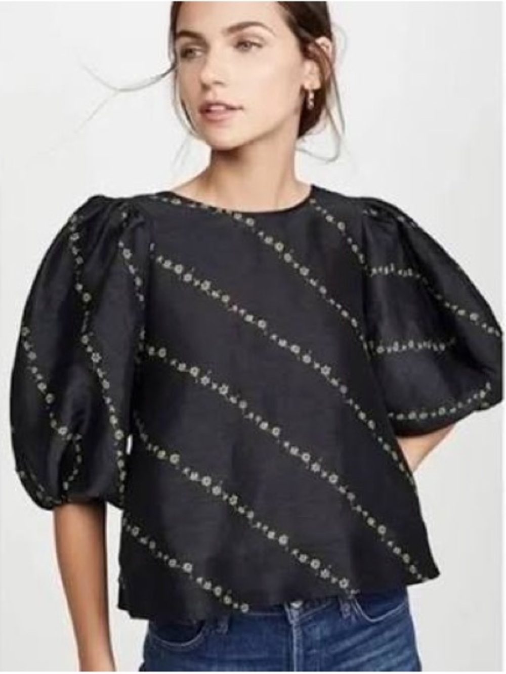 Ganni Black + Green Puff Sleeve Silk and Linen Blouse size 0